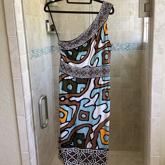 Diane von Furstenberg Silk Jersey One Shoulder Bodycon Midi Dress Graphic Print - Picture 6 of 8